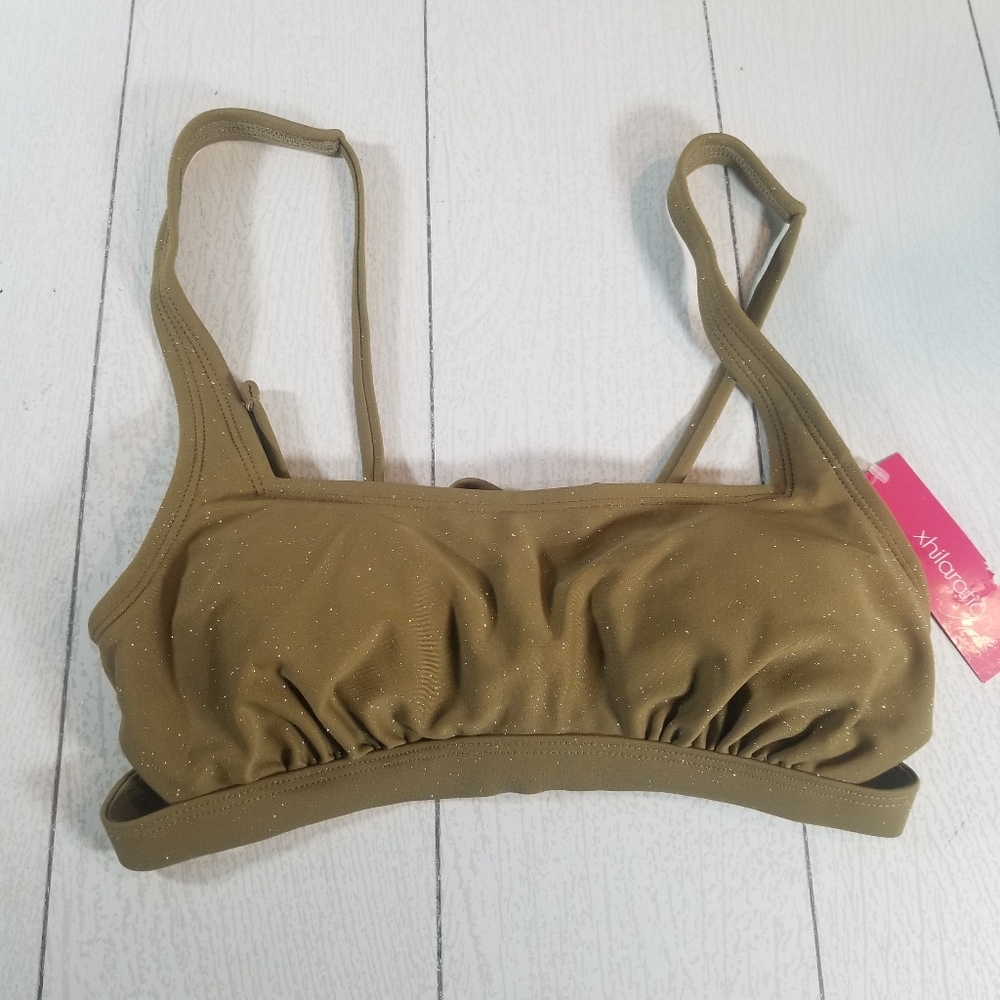 Xhilaration Bikini Spaghetti Strap Top Criss Cross Back Olive Green Glitter